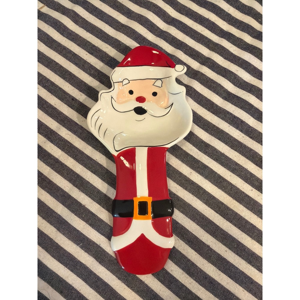 Sleigh Bell Bistro Santa Claus Ceramic Spoon Rest Red White Christmas Kitchen